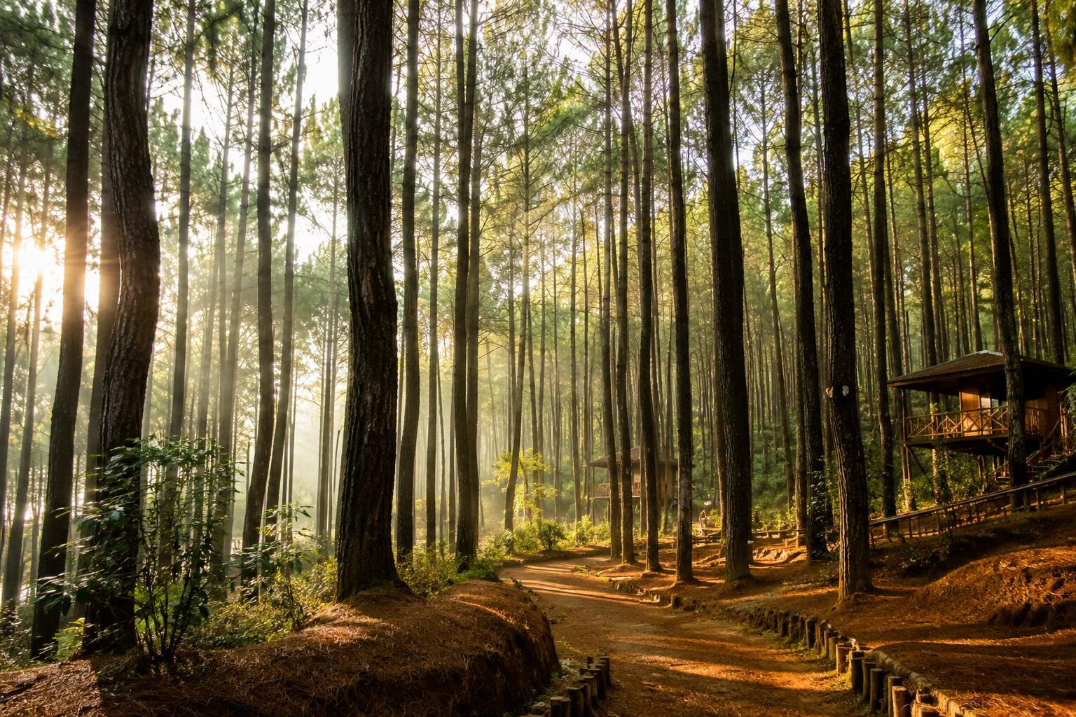 Wisata Hutan Pinus Indonesia dengan deretan pohon pinus tinggi, jalur pejalan kaki, dan suasana alam yang sejuk.