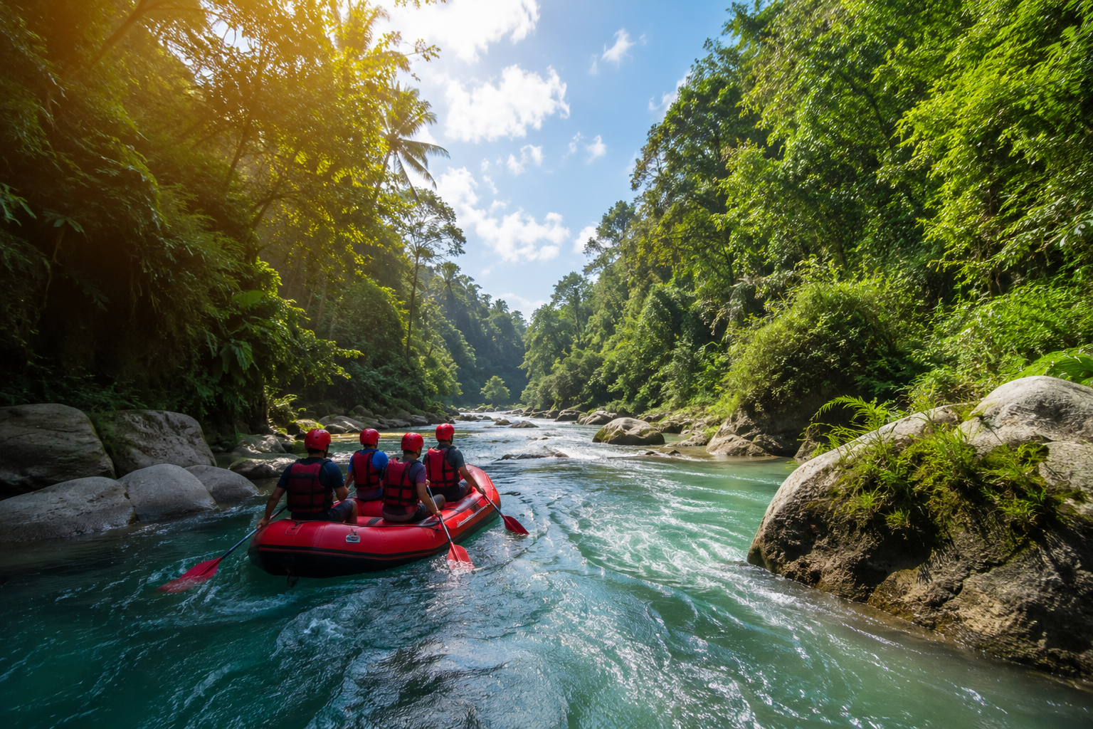 Wisata sungai di Indonesia dengan aliran air jernih, hutan hijau, perahu tradisional, dan panorama alam yang masih asri