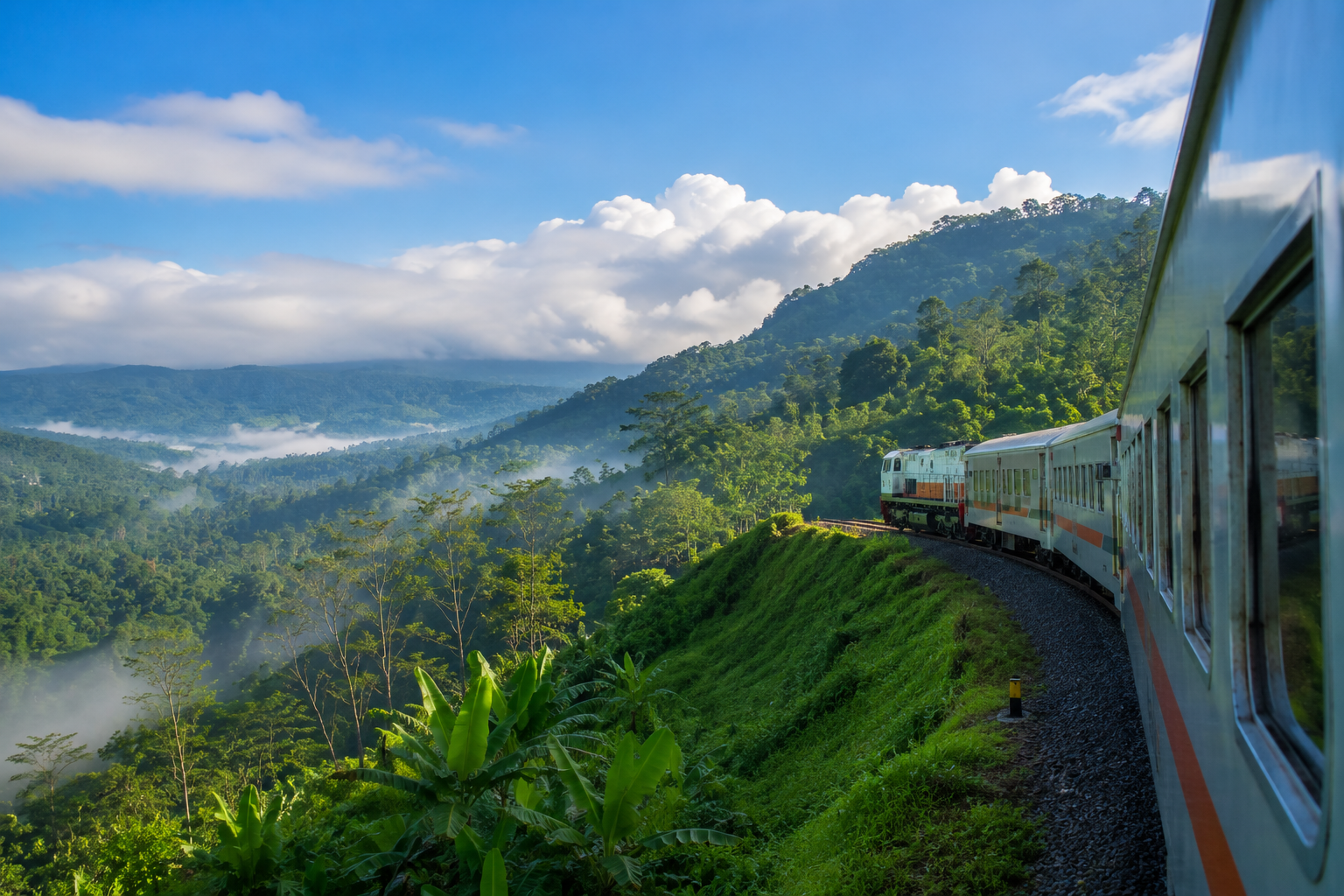 Jalur Kereta Api Indonesia melintasi pegunungan hijau dengan pemandangan alam yang indah