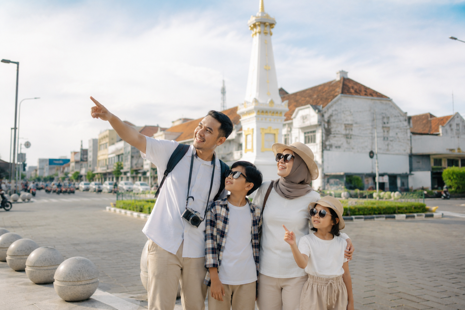 Keluarga menikmati Liburan Keluarga Jogja di kawasan Malioboro pada sore hari.