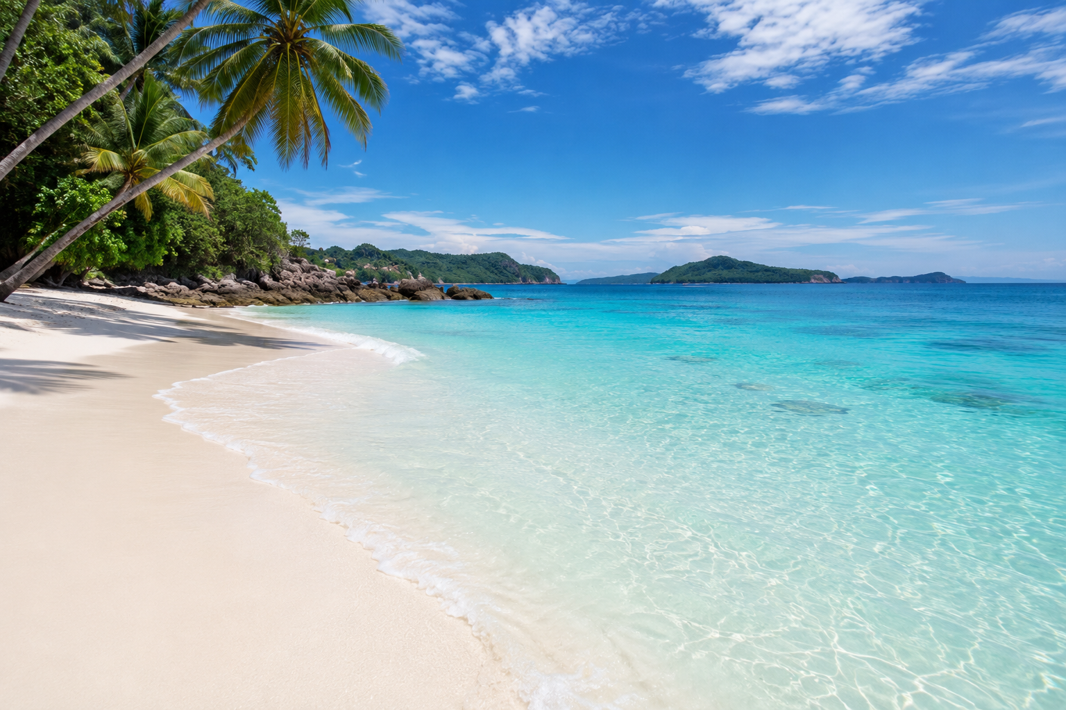 Pantai berpasir putih dengan air laut jernih berwarna biru kehijauan serta langit cerah di Indonesia.