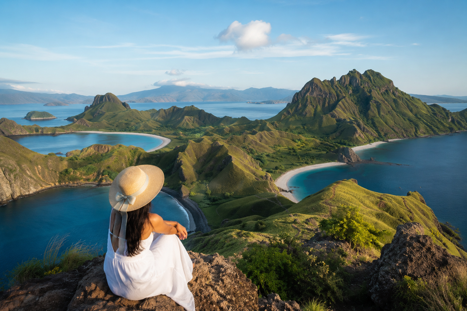 Pemandangan Pulau Flores dengan perbukitan hijau, laut biru jernih, dan kapal wisata saat matahari terbit