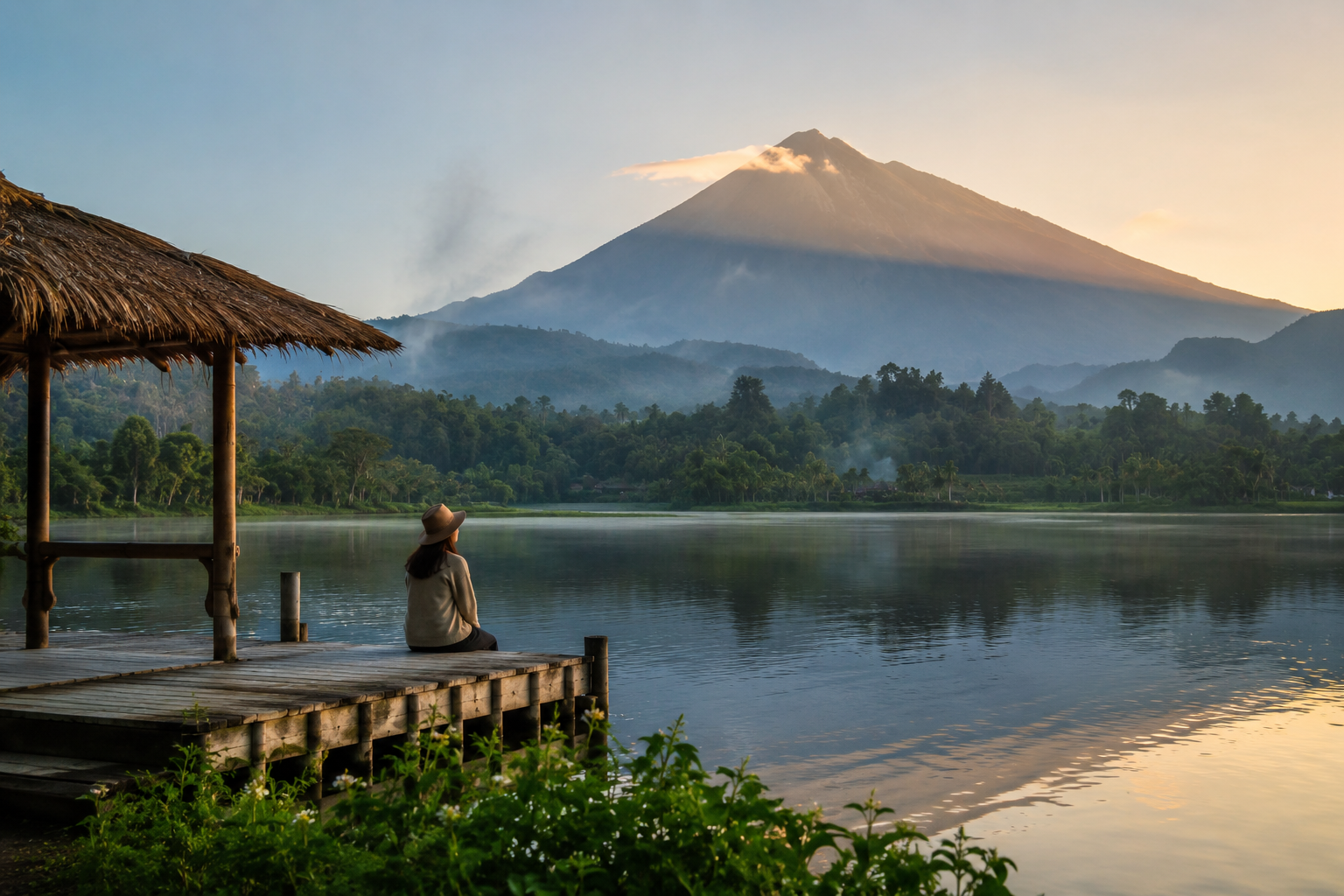 Wisatawan menikmati Destinasi Alam Indonesia yang tenang dengan pemandangan pegunungan
