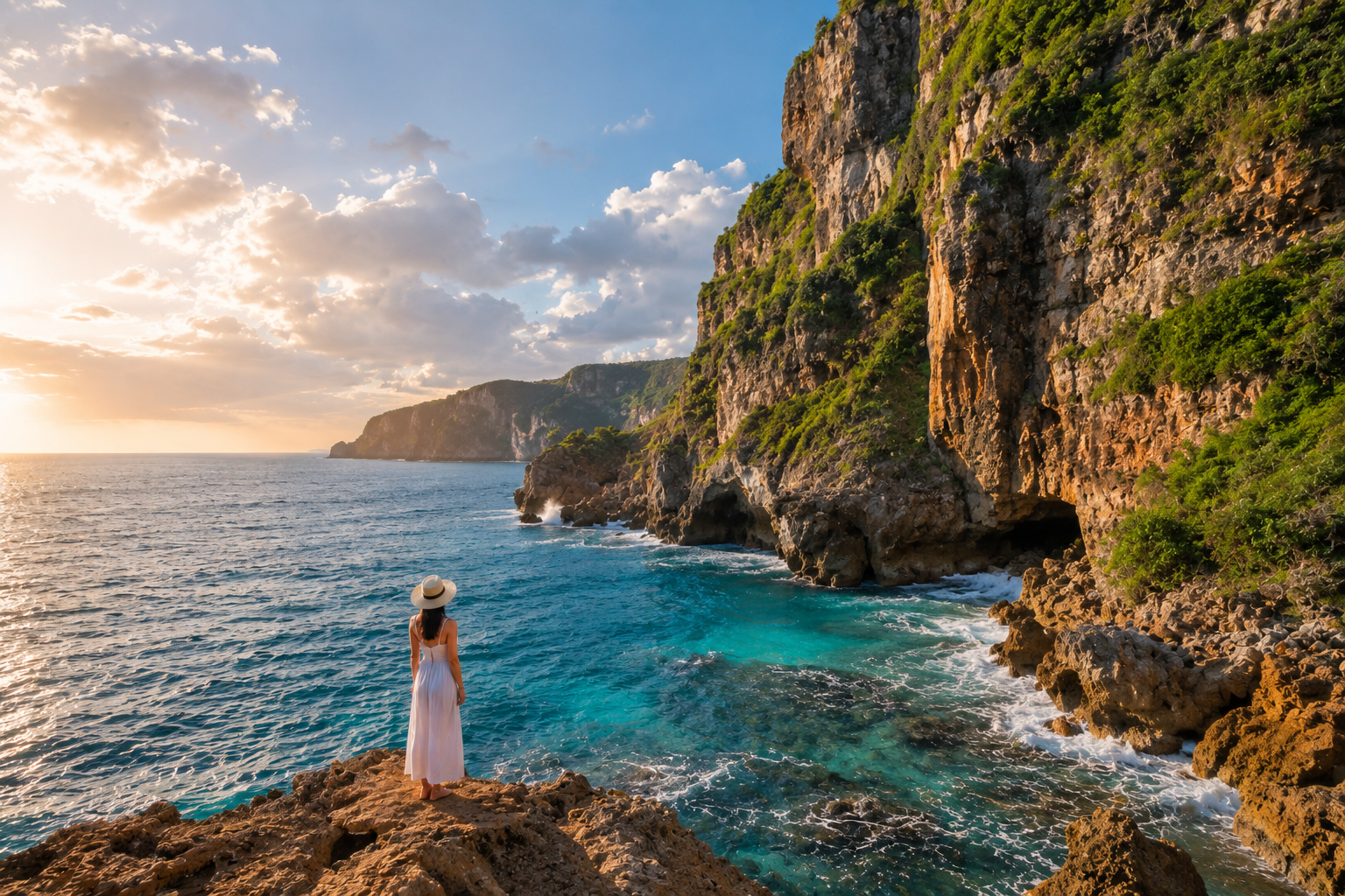 Pantai dengan Tebing Eksotis di Indonesia dengan tebing batu tinggi, laut biru jernih, dan panorama alam yang memukau.