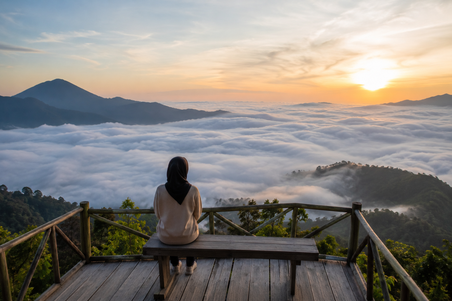 Bukit dengan panorama lautan awan saat matahari terbit di Indonesia