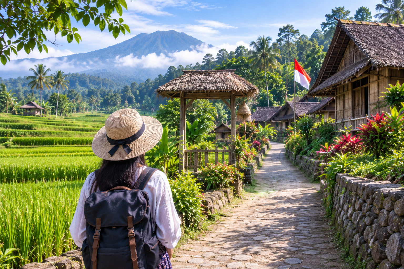 Desa Wisata Terbaik di Indonesia dengan rumah tradisional, sawah hijau, pegunungan, dan suasana pedesaan yang masih alami.