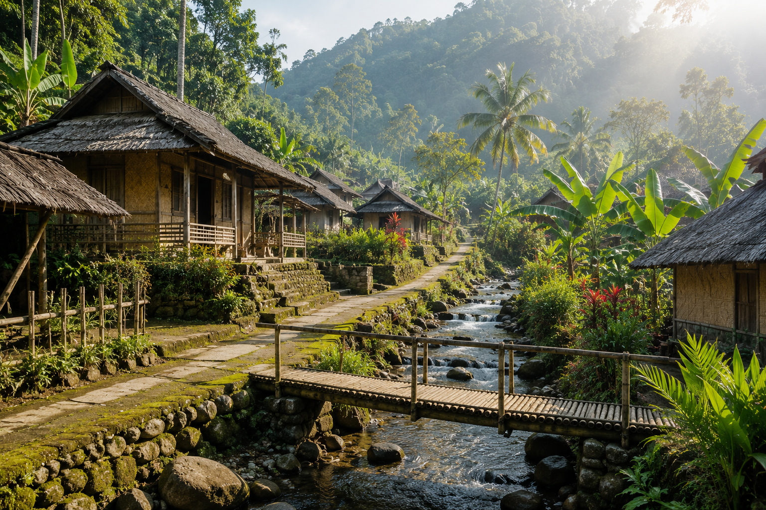 Desa Wisata Indonesia dengan rumah tradisional, sawah hijau, dan pemandangan pegunungan yang asri