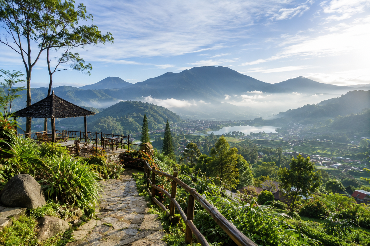 Pemandangan Destinasi Wisata Dataran Tinggi dengan hamparan pegunungan hijau dan udara sejuk di Indonesia.
