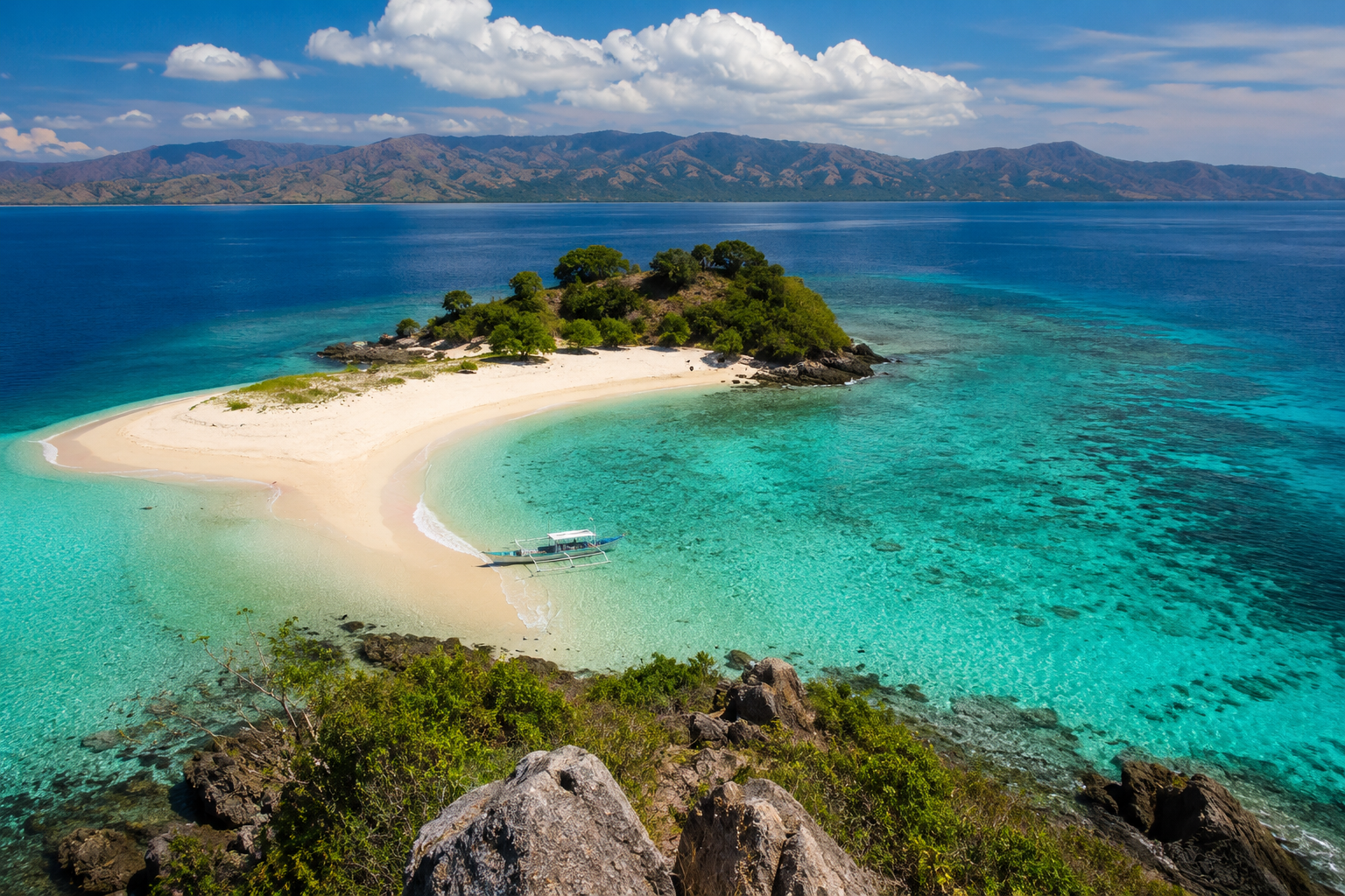 Pulau kecil di Indonesia dengan pasir putih, laut biru jernih, pepohonan hijau, dan langit cerah.
