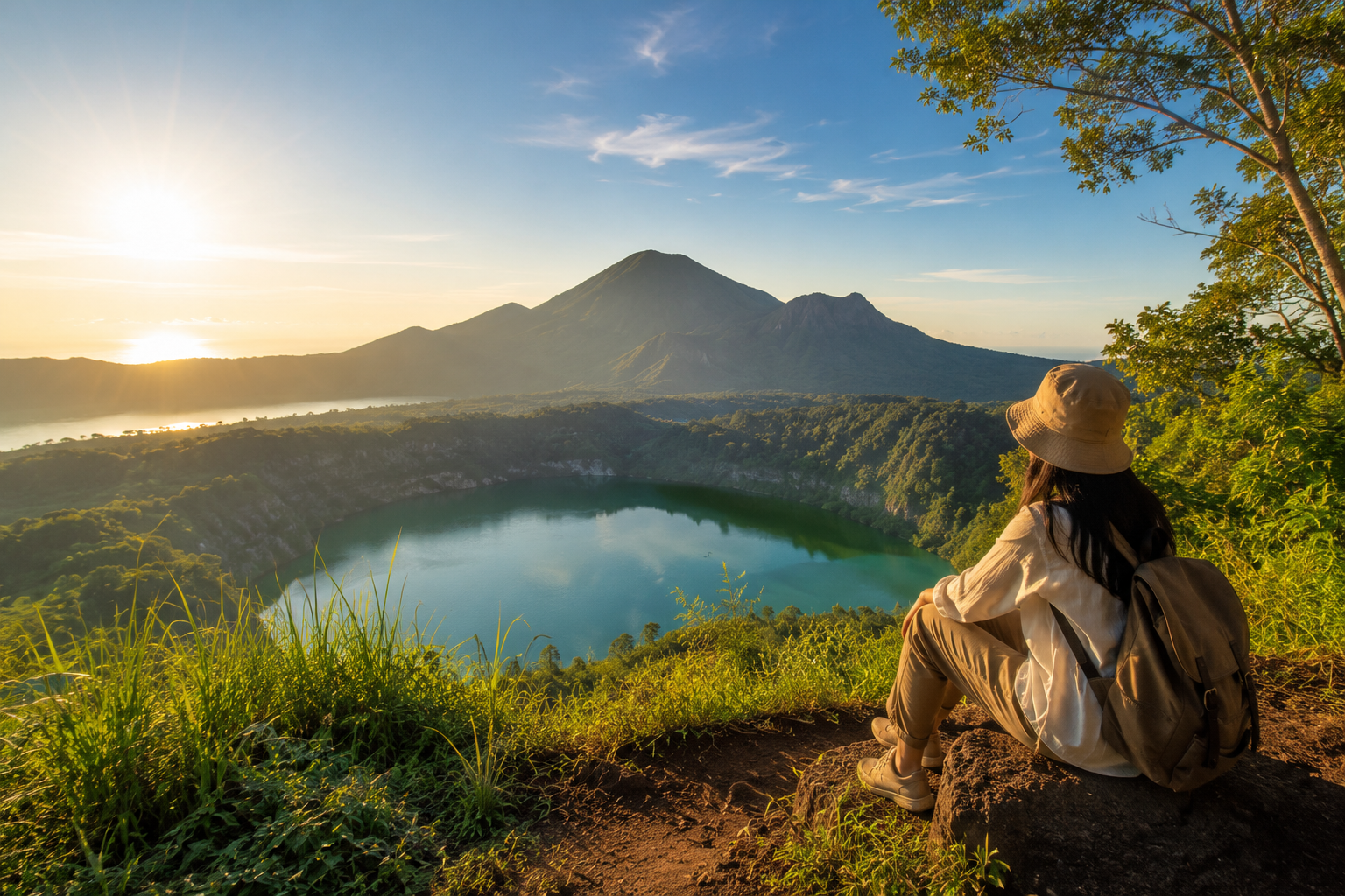 Destinasi Wisata Alam Gratis di Indonesia berupa pegunungan hijau, danau alami, pantai indah, dan panorama matahari terbit.