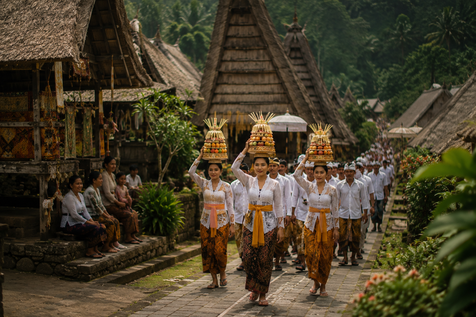 Pemandangan salah satu wisata desa adat Indonesia dengan rumah tradisional dan aktivitas masyarakat lokal.