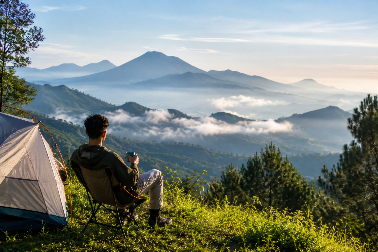 Wisata Pegunungan Indonesia dengan hamparan pegunungan hijau, kabut tipis, dan jalur trekking yang indah.