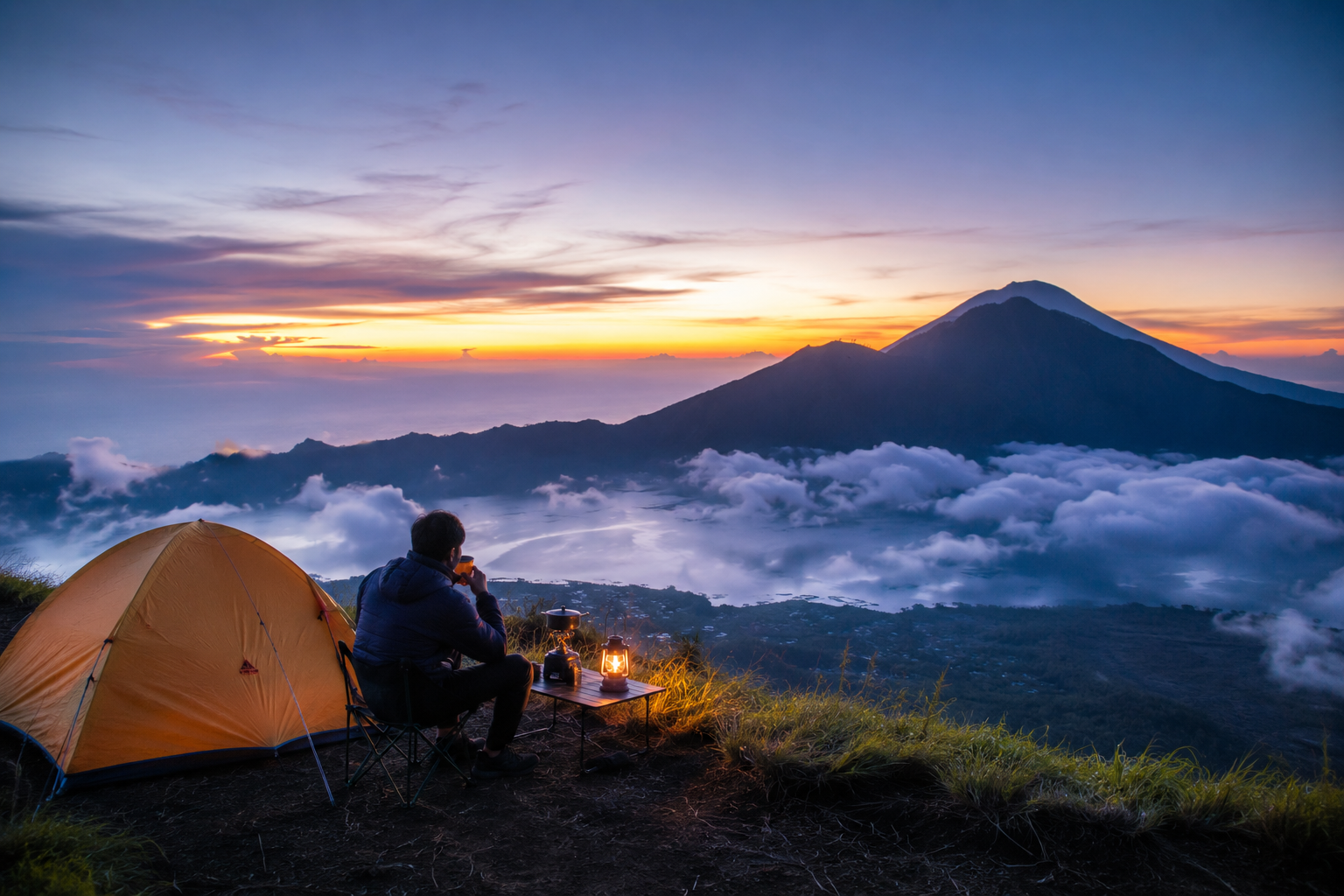 Tempat Camping Terbaik di Indonesia dengan tenda menghadap pegunungan dan matahari terbit