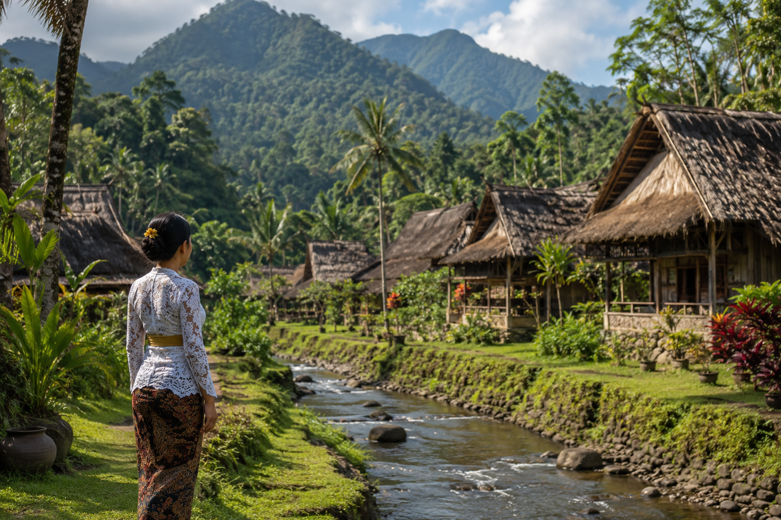 Desa Wisata Indonesia dengan pemandangan alam hijau, rumah tradisional, dan aktivitas budaya masyarakat