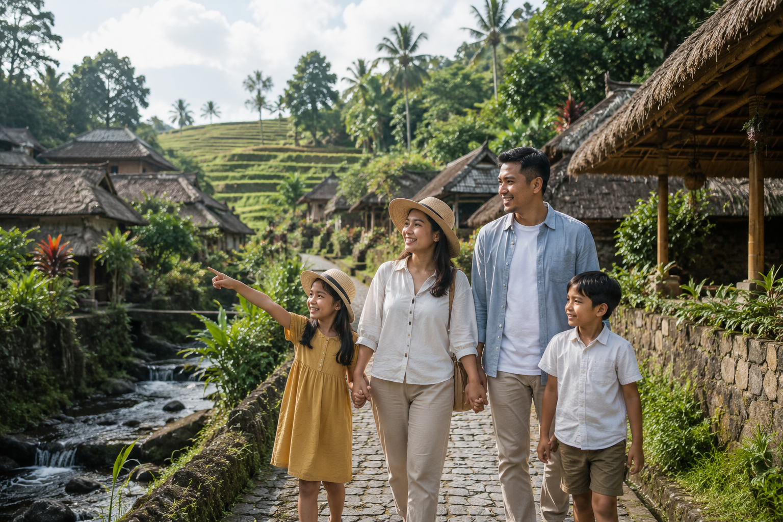 Desa Wisata Terbaik di Indonesia 2026 dengan panorama alam, rumah adat, sawah hijau, dan aktivitas budaya yang cocok untuk liburan keluarga.