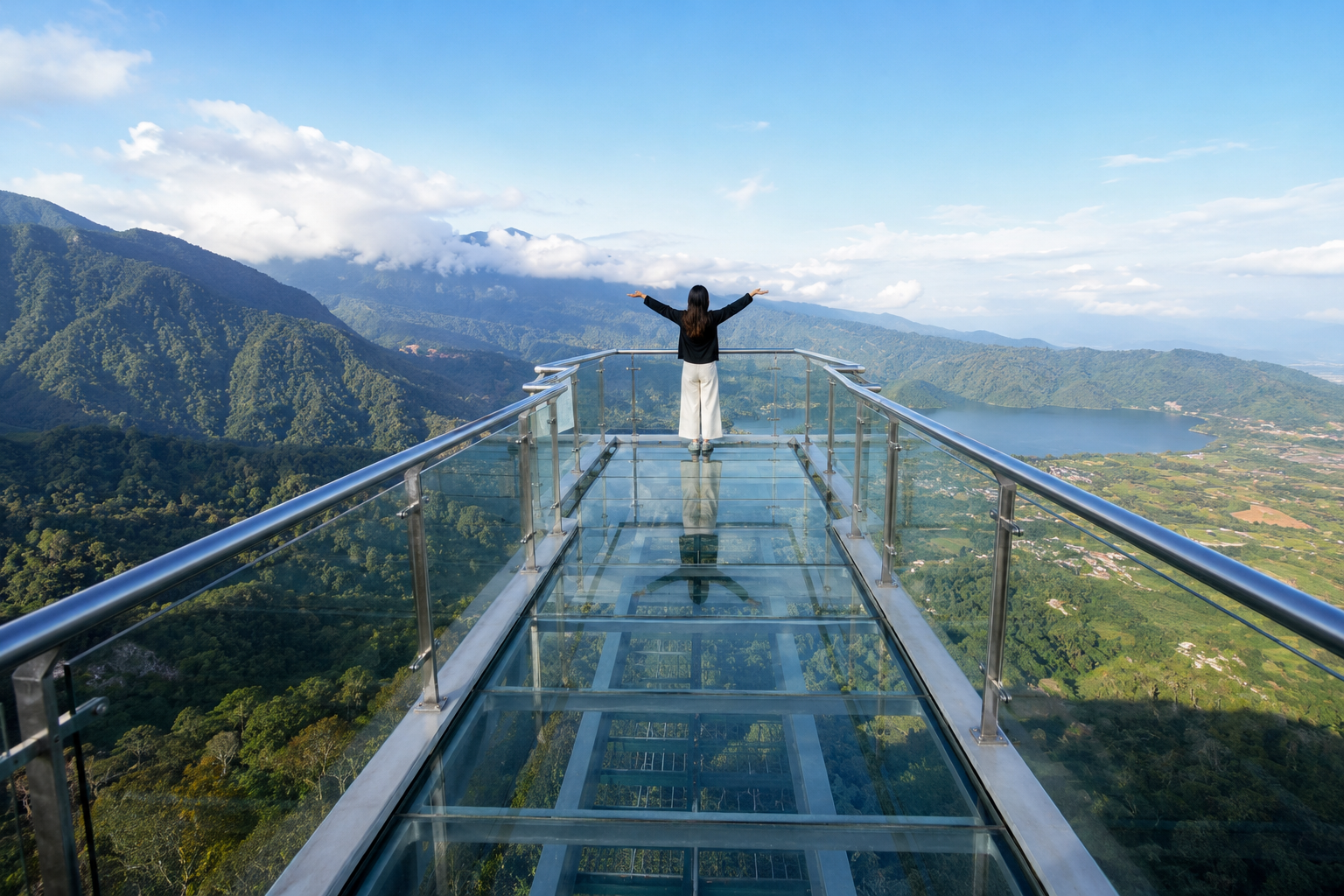Jembatan Kaca di Indonesia dengan panorama pegunungan hijau, lembah, dan langit cerah yang memukau.