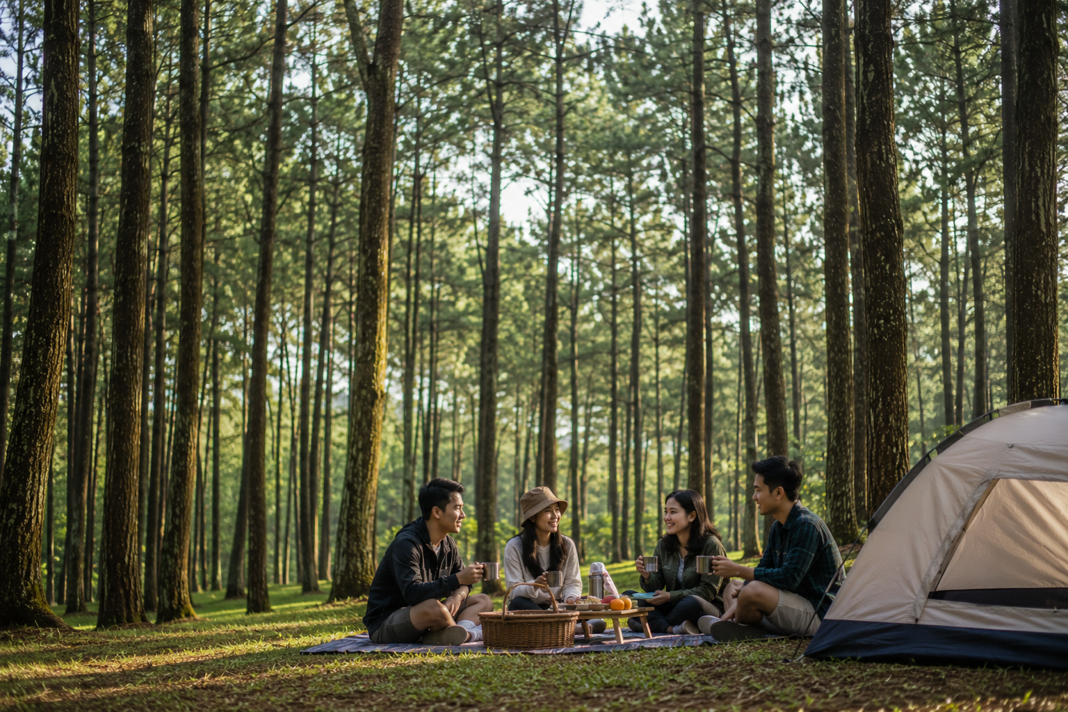 Suasana hutan pinus Indonesia dengan area piknik dan jalur pejalan kaki di tengah pepohonan