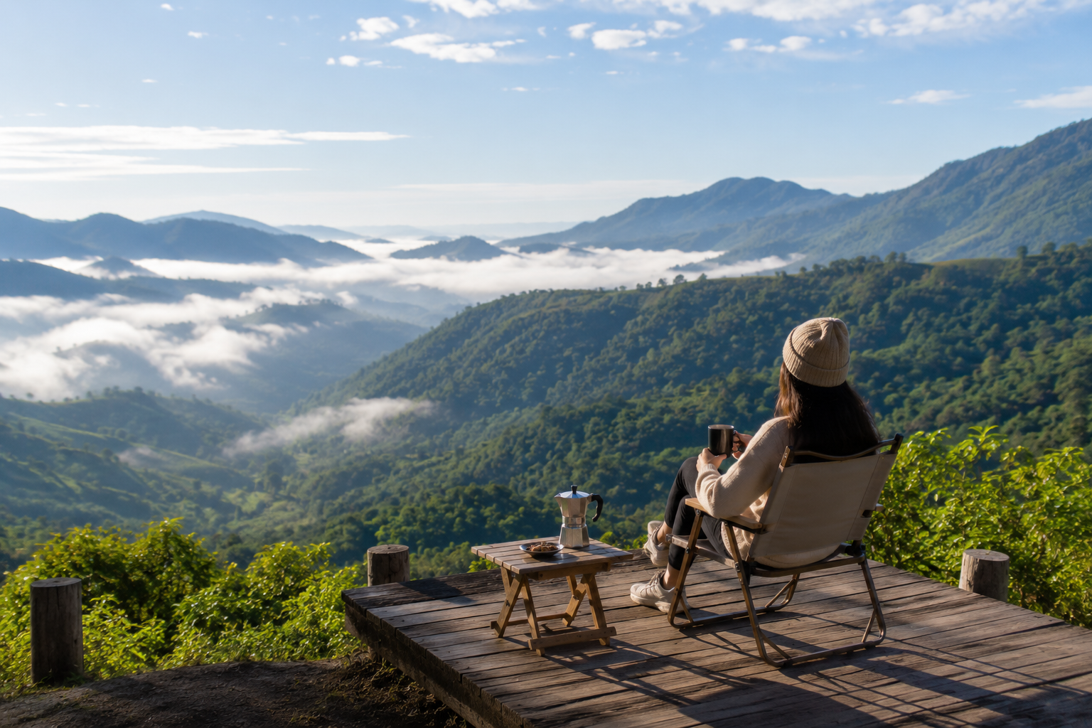 Destinasi Wisata Pegunungan dengan panorama hijau, kabut tipis, dan jalur trekking di Indonesia