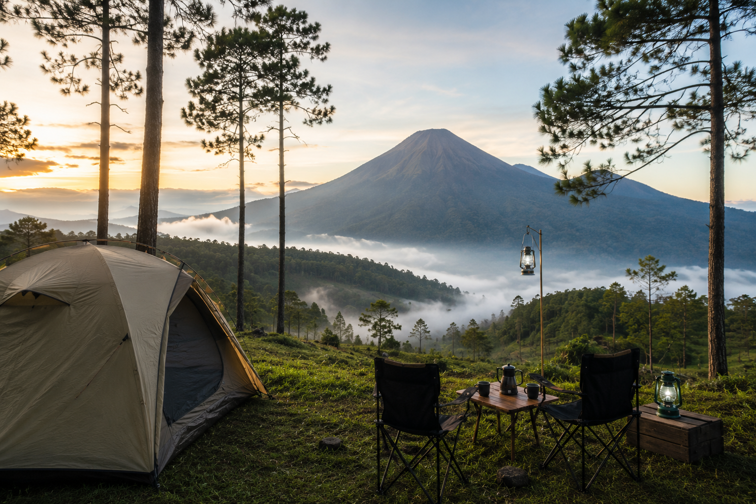 Camping Ground Terbaik di Indonesia dengan tenda menghadap pegunungan, hutan pinus, dan suasana pagi yang sejuk