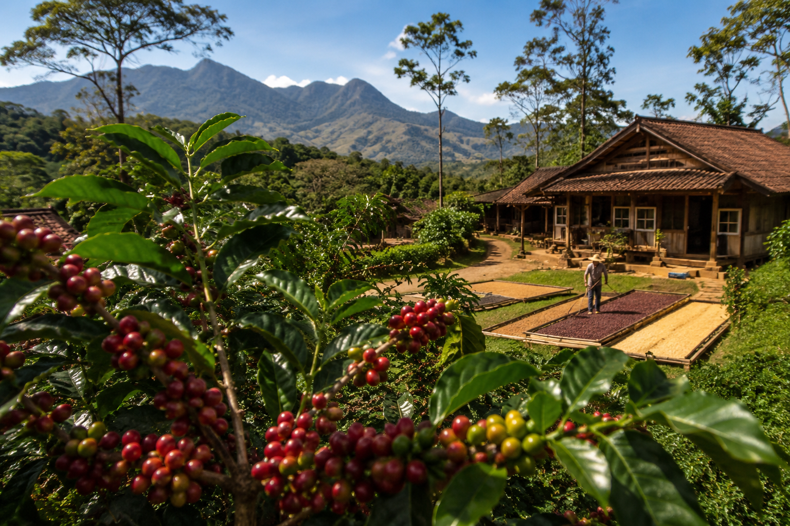 Wisatawan menikmati suasana perkebunan kopi di sebuah desa penghasil kopi dengan latar pegunungan hijau di Indonesia.