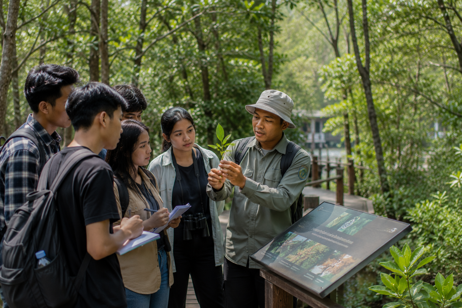 Destinasi Ekowisata Indonesia dengan hutan tropis, jalur trekking, dan wisatawan yang belajar tentang konservasi alam