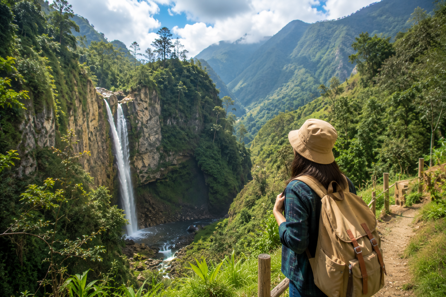 Pemandangan Taman Nasional Bromo Tengger Semeru dengan hamparan savana hijau dan pegunungan di Jawa Timur.