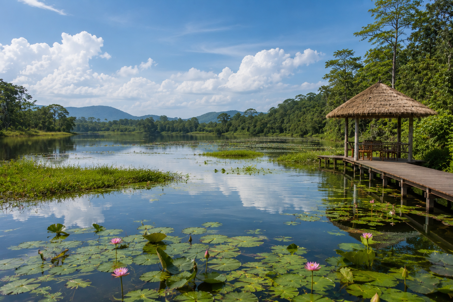 Wisata Rawa dan Danau Alami dengan air tenang, pepohonan hijau, dan suasana alami yang damai di tengah bentang alam Indonesia.