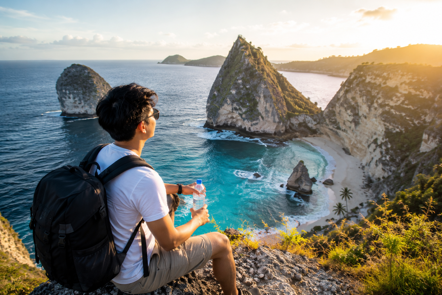 Seorang solo traveler menikmati perjalanan di alam Indonesia dengan membawa ransel