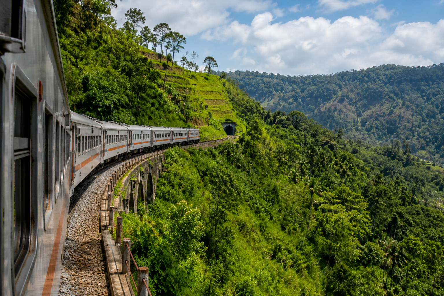 Kereta melintasi jalur kereta api Indonesia dengan pemandangan pegunungan dan persawahan