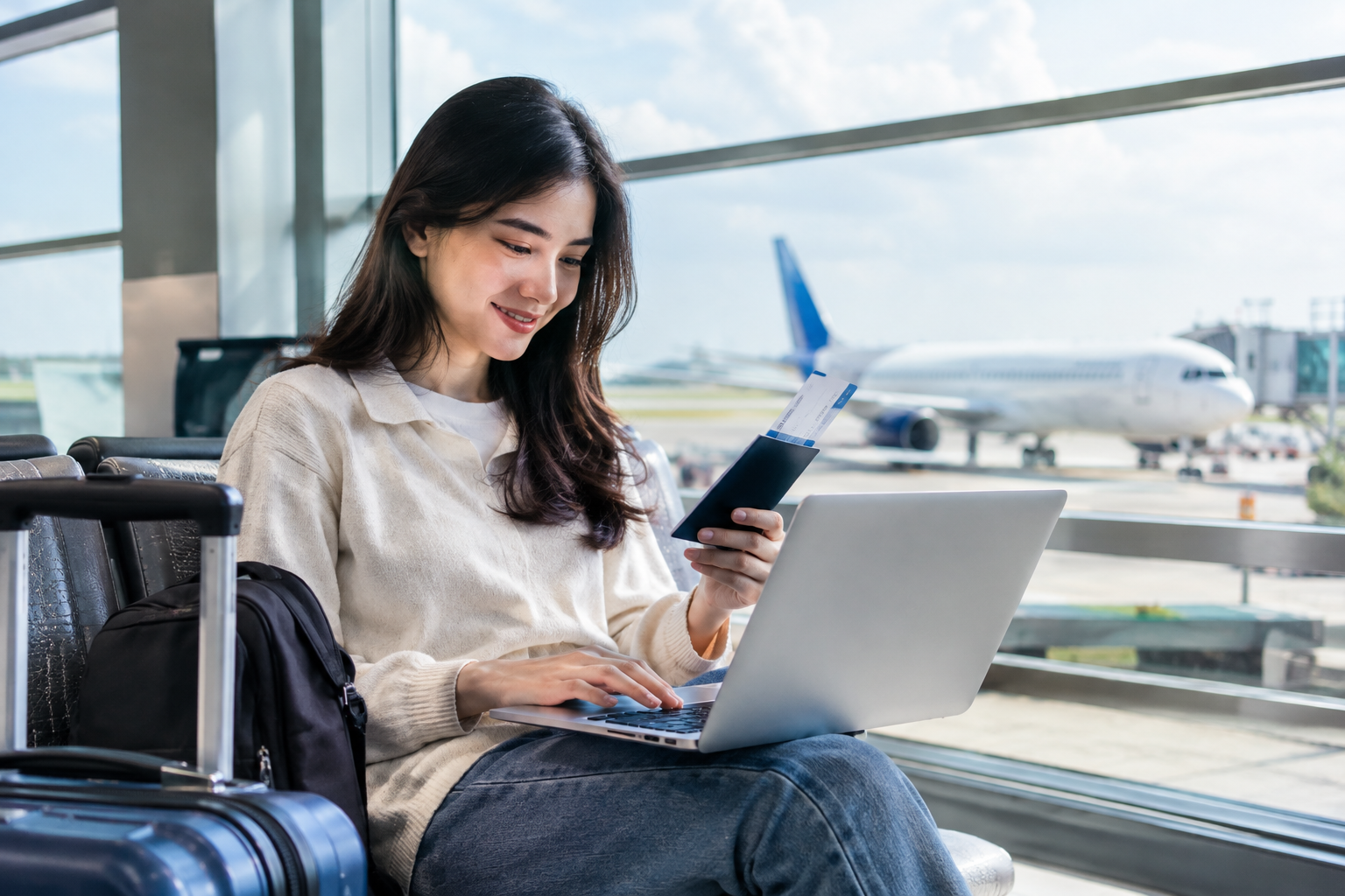 Traveler pemula membandingkan harga tiket pesawat murah sebelum booking penerbangan