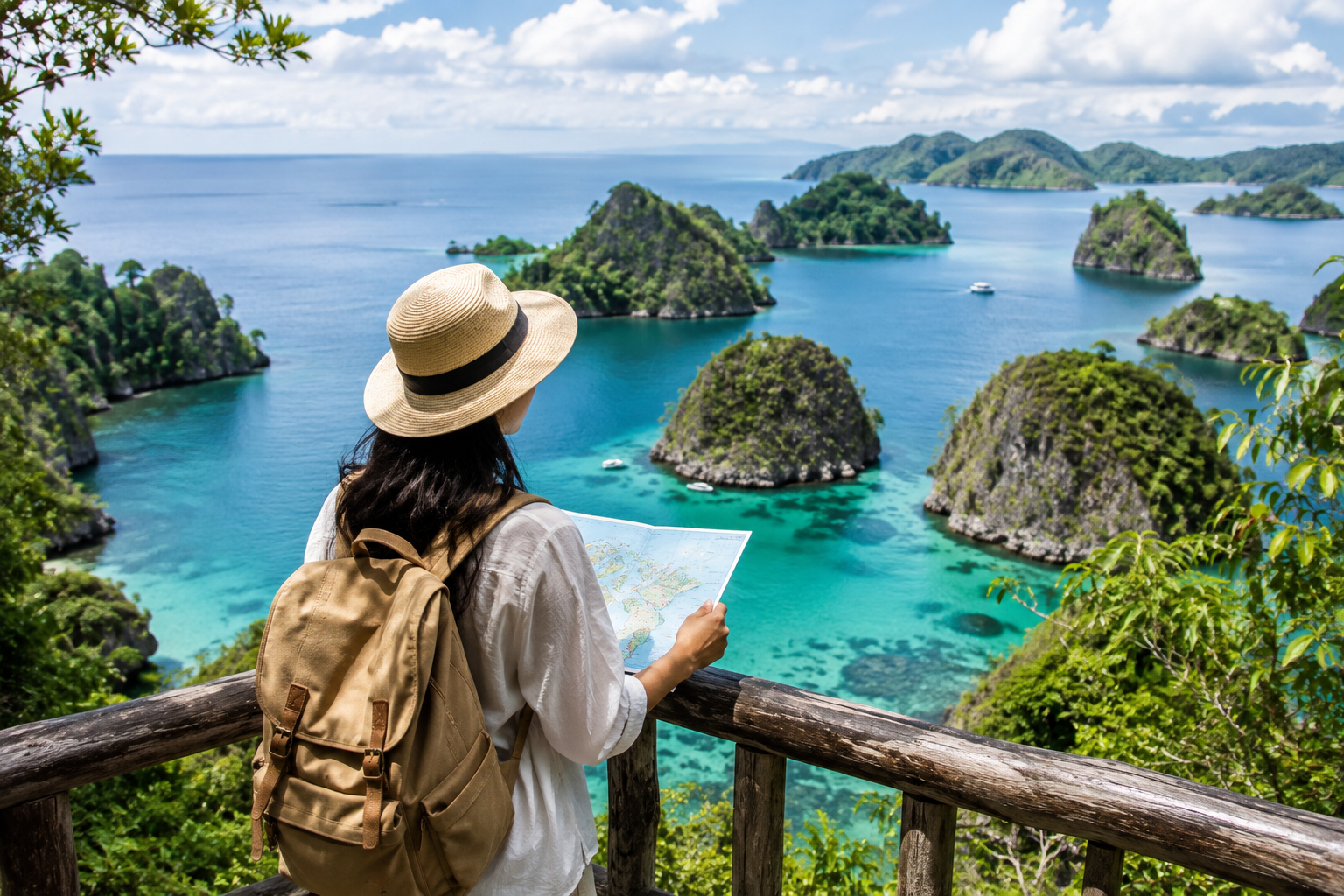 liburan ke Raja Ampat 2026 dengan pemandangan pulau karst dan laut biru dari atas bukit