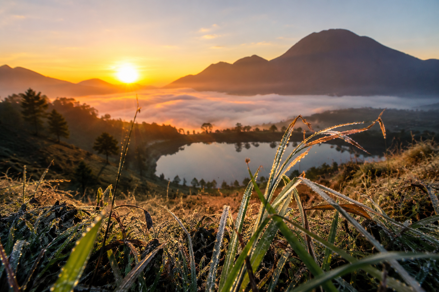 Pemandangan Golden Sunrise di Dieng Plateau dengan suasana dingin dan fenomena Embun Upas