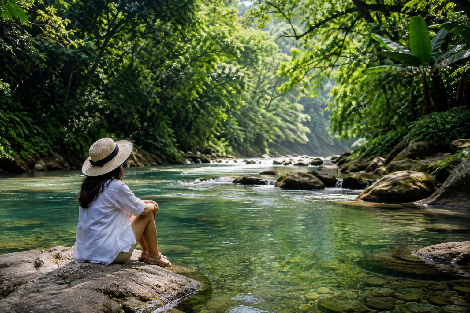 Wisata Sungai Indonesia dengan aliran air jernih, pepohonan hijau, dan suasana alam yang tenang untuk healing