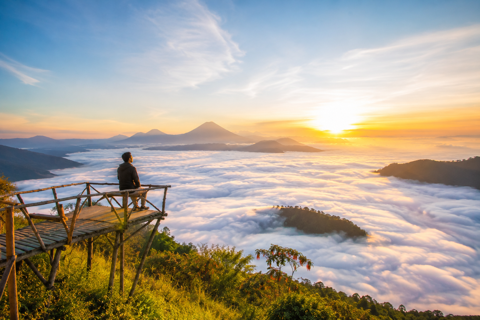 Wisata Negeri di Atas Awan Indonesia dengan panorama lautan awan dan pegunungan saat matahari terbit